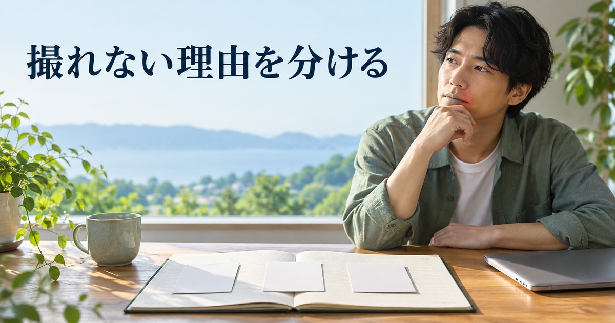 撮影の問題を分けて考えるノートとカードのAI概念イメージ