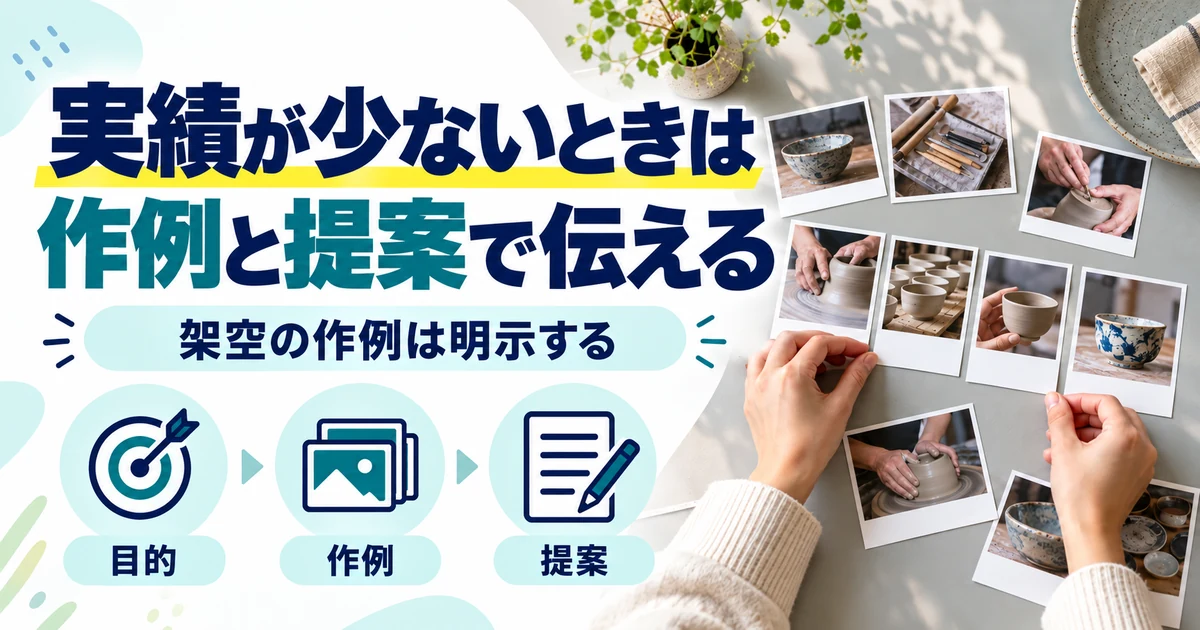 SNS運用代行の副業:実績が少ないときは、作例と提案で伝える。目的・作例・提案を図解