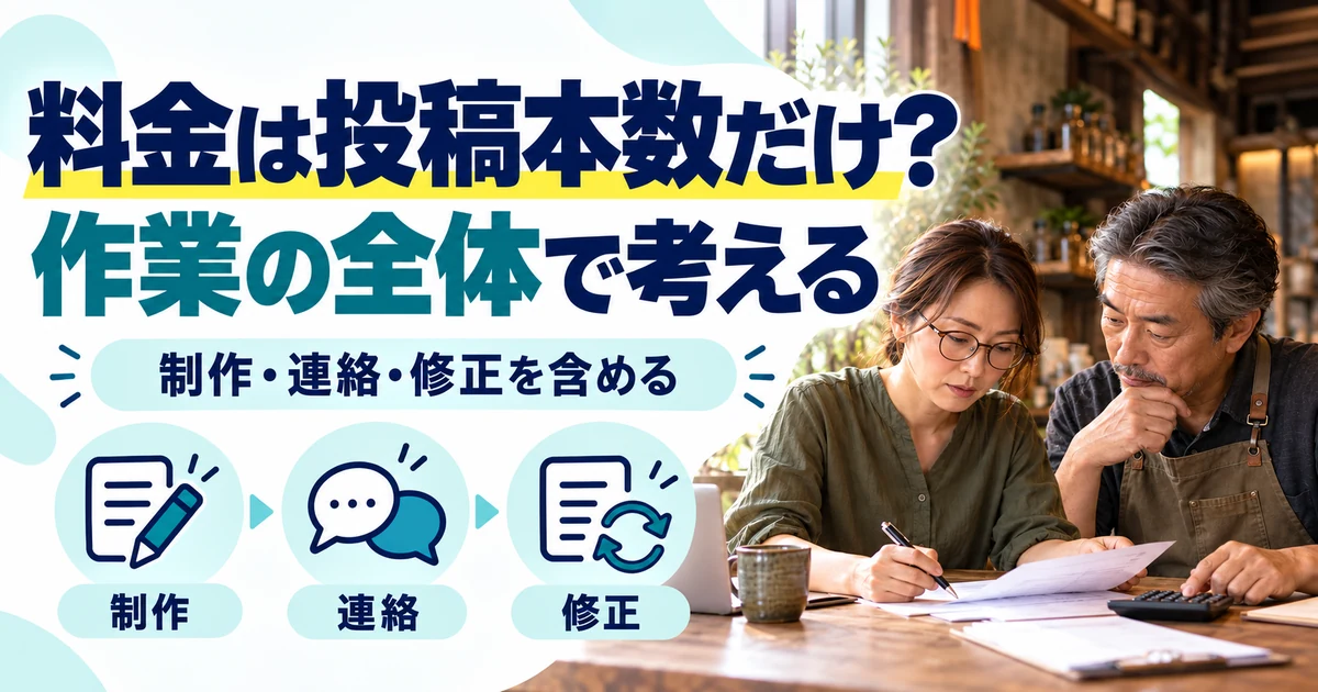 SNS運用代行の副業:料金は投稿本数だけ?、作業の全体で考える。制作・連絡・修正を図解