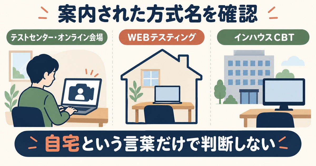 遠隔監督のテストセンターオンライン会場、WEBテスティング、企業のインハウスCBTを区別する図