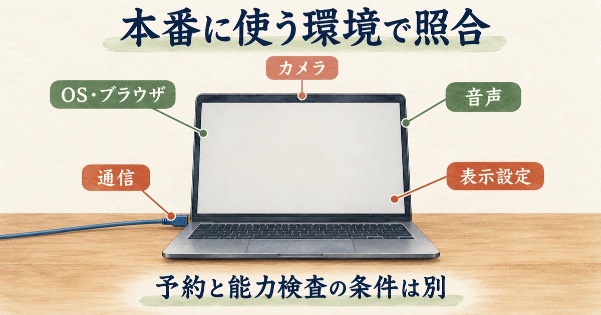 本番に使うパソコンのOSとブラウザ、通信、カメラ、音声、表示設定を照合する図