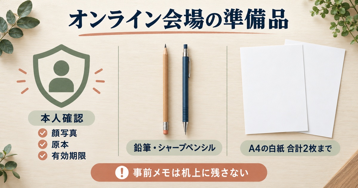 本人確認の顔写真・原本・有効期限、鉛筆とシャープペンシル、A4白紙二枚までを示す準備品の図