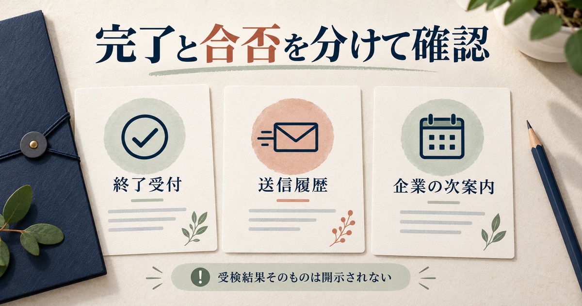終了受付、送信履歴、企業の次の案内を分け、完了と合否を区別する確認図