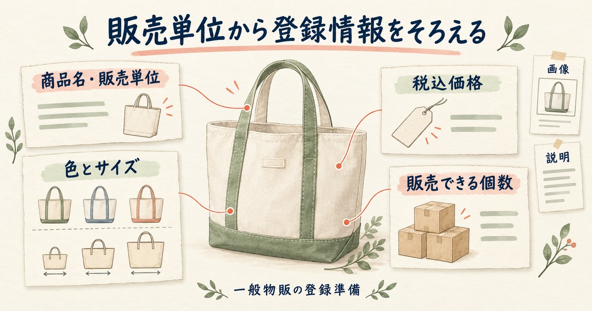 販売単位を中心に商品名、色とサイズ、税込価格、販売個数、画像と説明をそろえる図