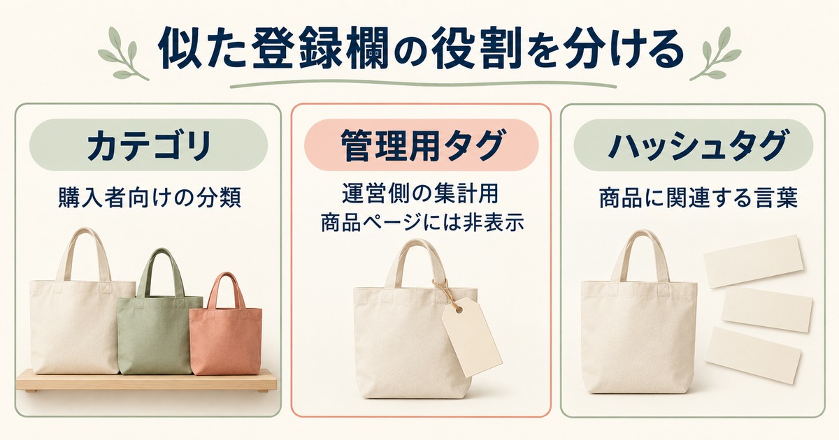 購入者向けカテゴリ、運営側の管理用タグ、商品関連のハッシュタグの役割を比較する図
