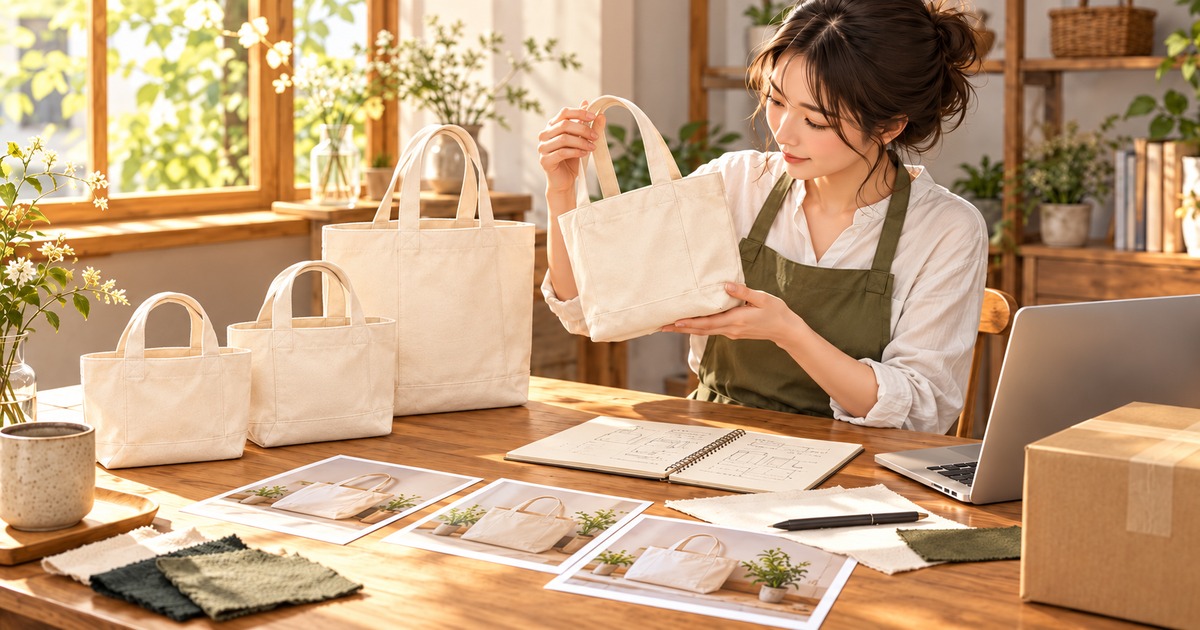 生成りの大小トートバッグと商品写真、登録用メモを確認する販売者