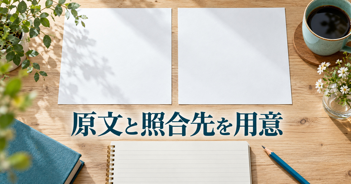 原文用の紙と記録用ノートを並べた準備の場面