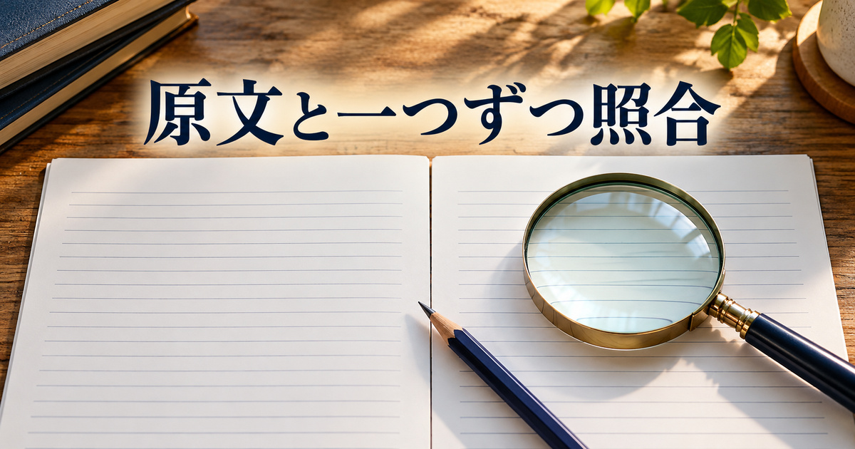 原文と記録先を横に並べて照合する概念写真