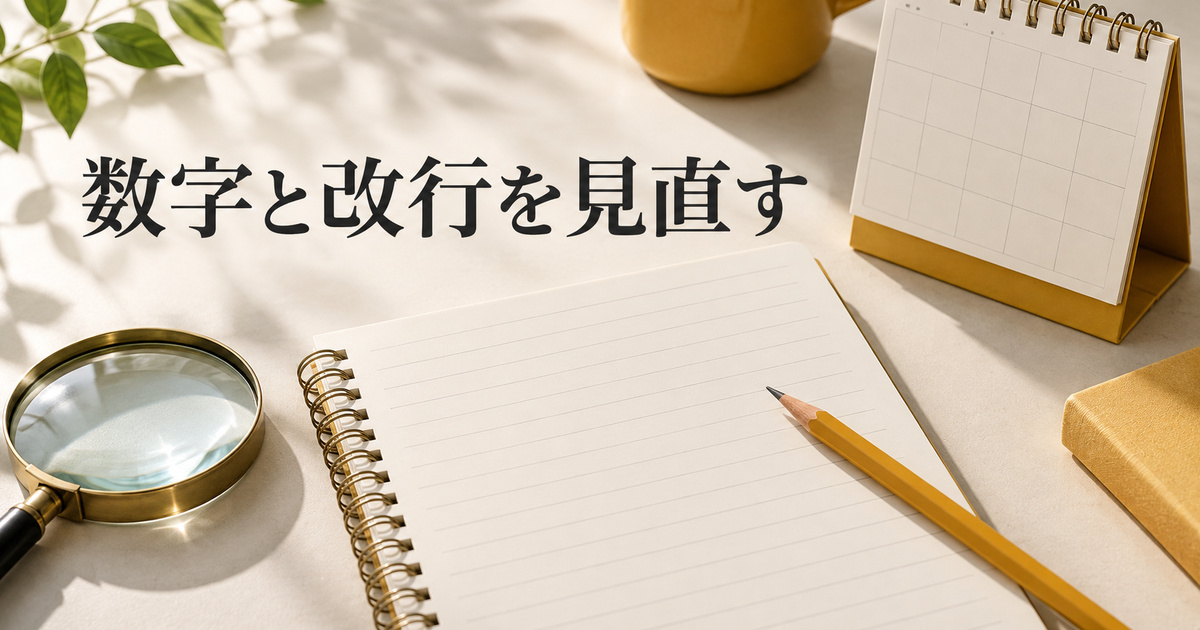 数字や行の区切りの見直しを表す罫線紙と拡大鏡
