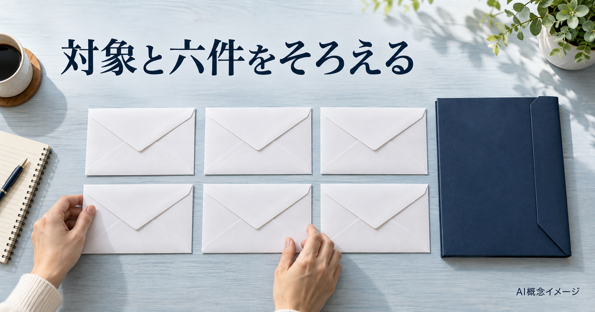 六通の白い封筒と対象のフォルダーを考えるAI概念イメージ