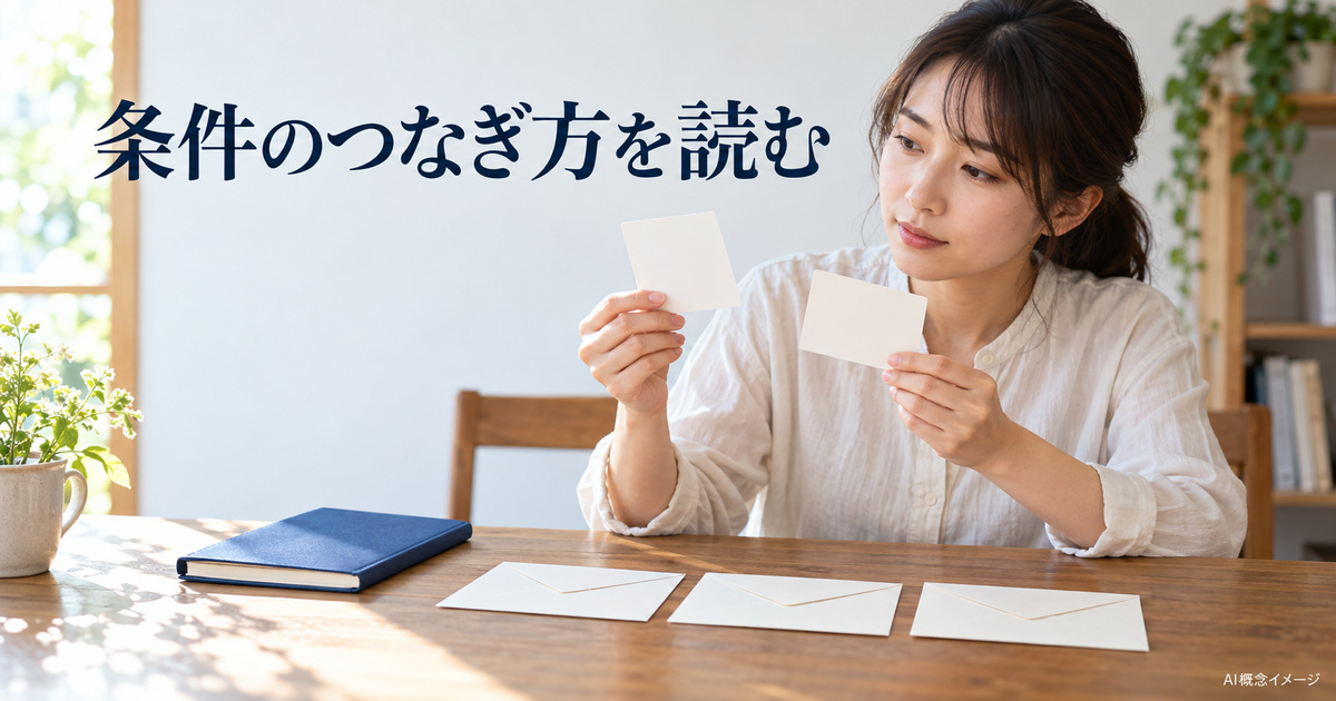 二枚の条件カードを読み比べる人のAI概念イメージ