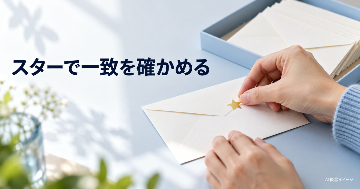 条件に合う封筒へ星の目印を付けるAI概念イメージ