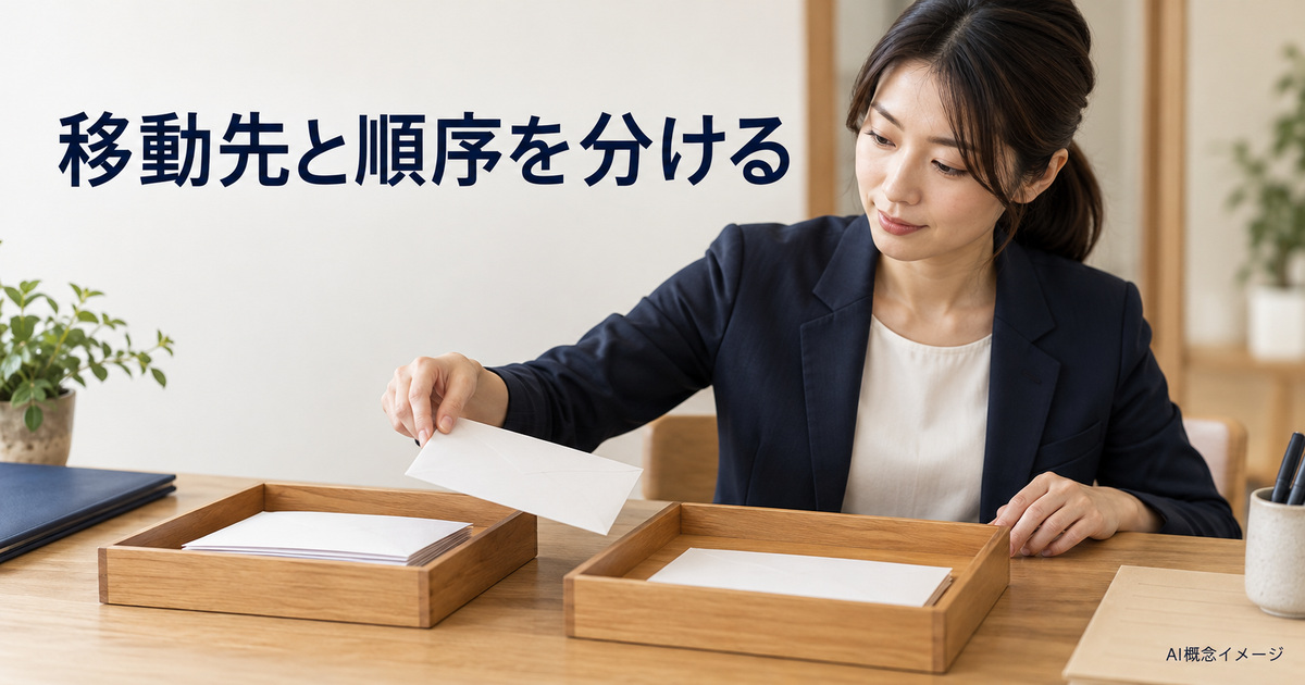 二つのトレーで移動元と移動先を考えるAI概念イメージ