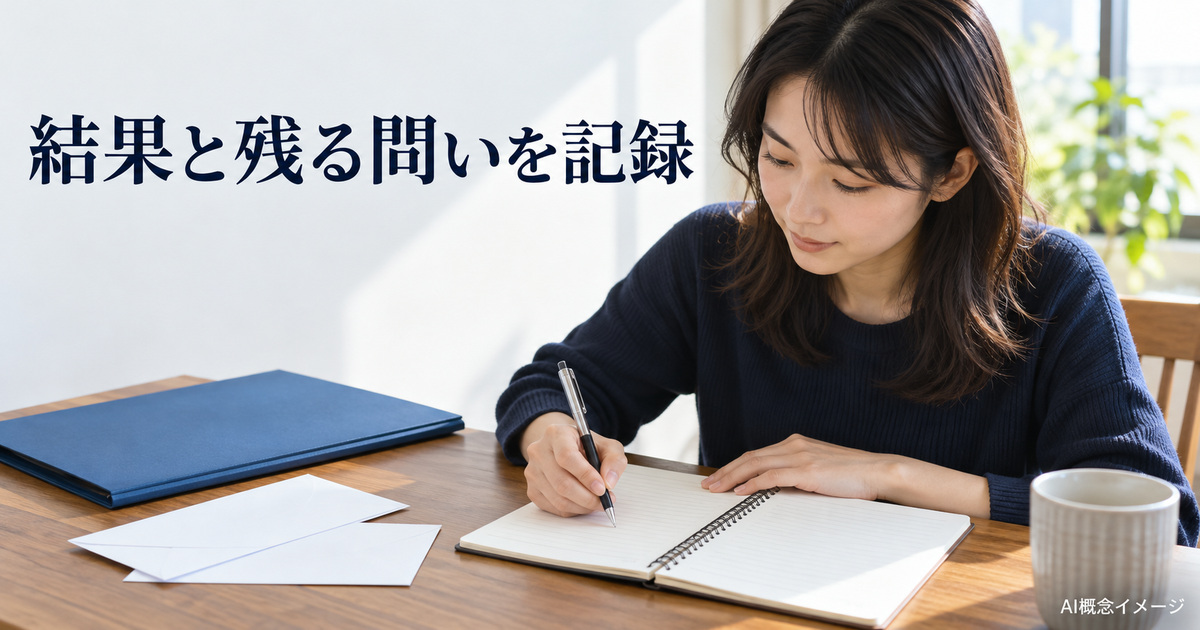 確認結果と残る問いをノートへ記録するAI概念イメージ