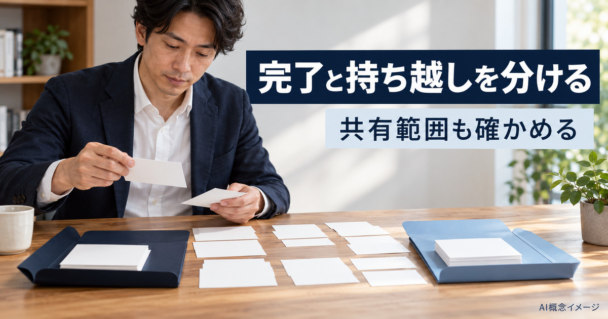 完了と持ち越しと共有範囲を考えるAI概念イメージ
