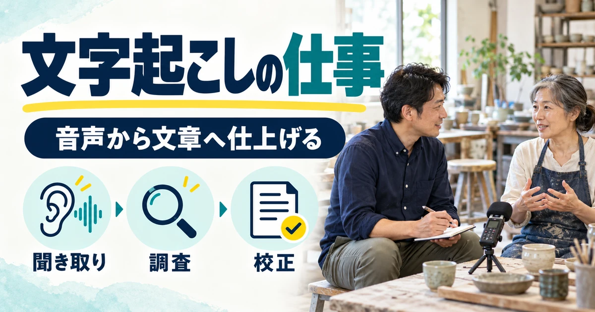 文字起こしの副業:文字起こしの仕事。聞き取り・調査・校正を図解
