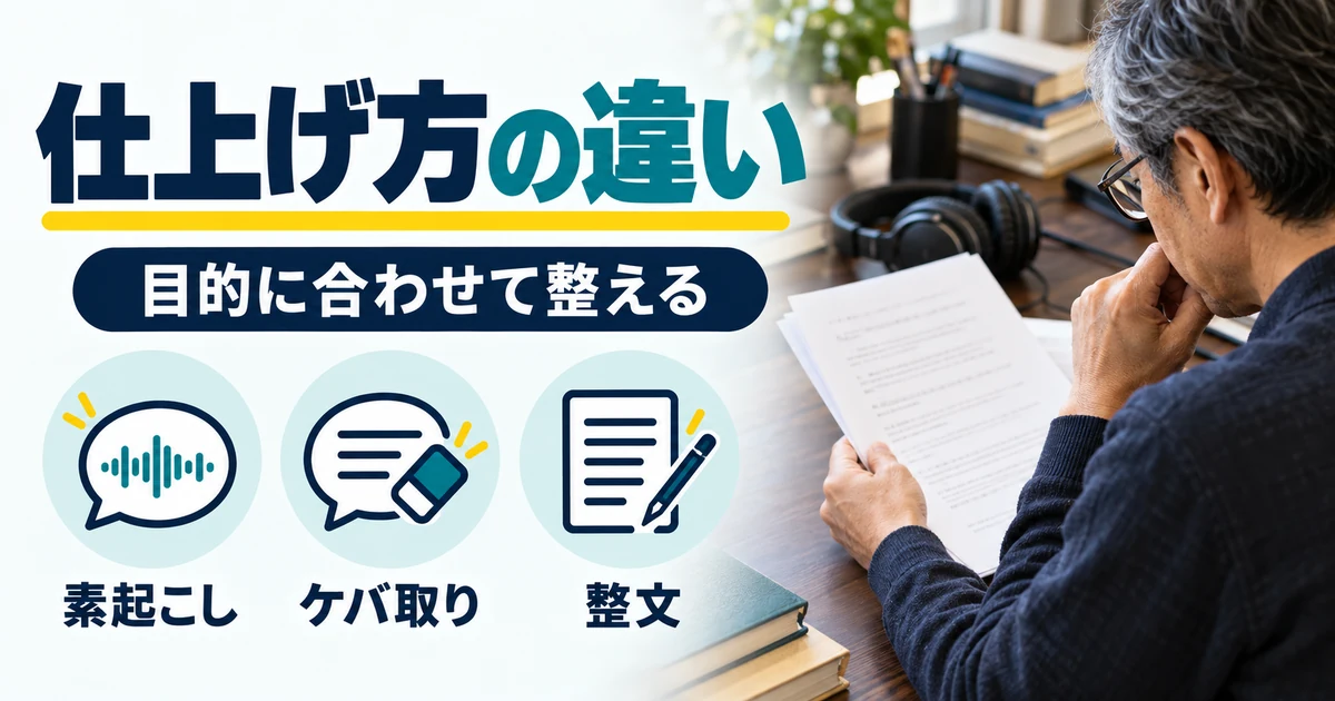 文字起こしの副業:仕上げ方の違い。素起こし・ケバ取り・整文を図解