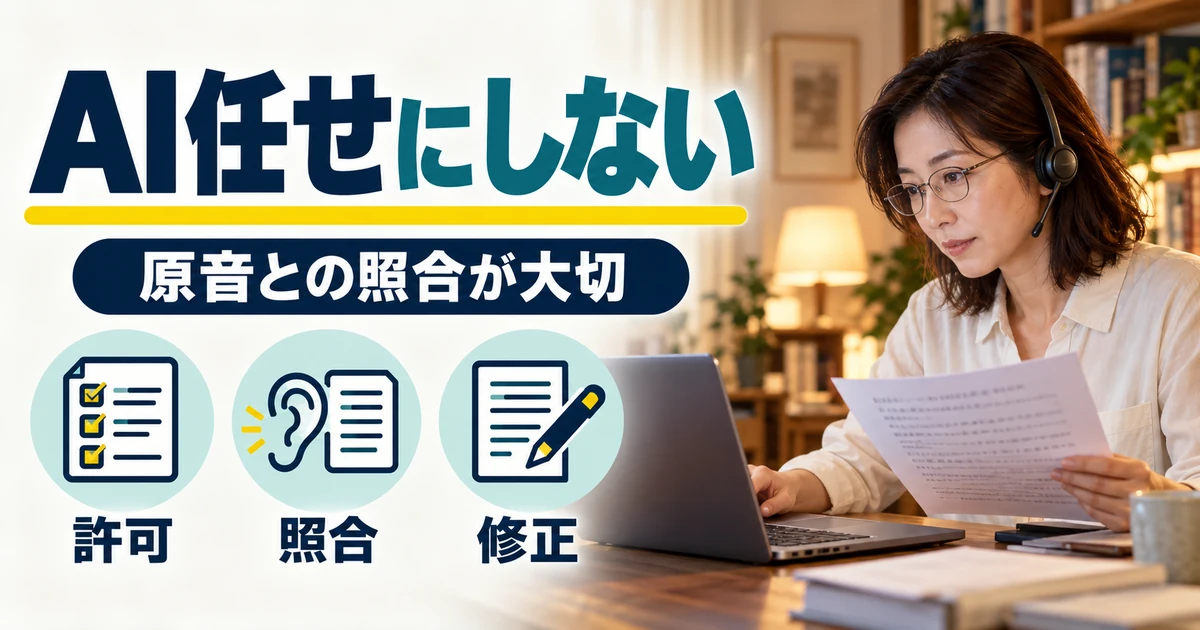 文字起こしの副業:AI任せにしない。許可・照合・修正を図解