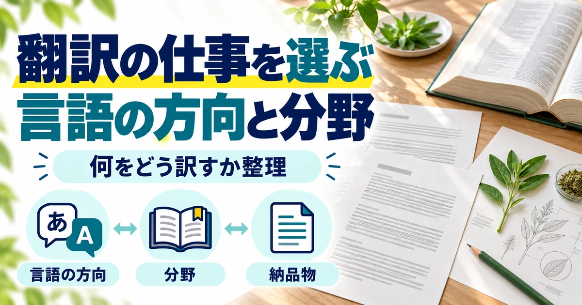 翻訳の副業：翻訳の仕事を選ぶ、言語の方向と分野。言語の方向・分野・納品物を図解