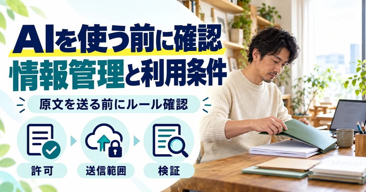 翻訳の副業：AIを使う前に確認、情報管理と利用条件。許可・送信範囲・検証を図解