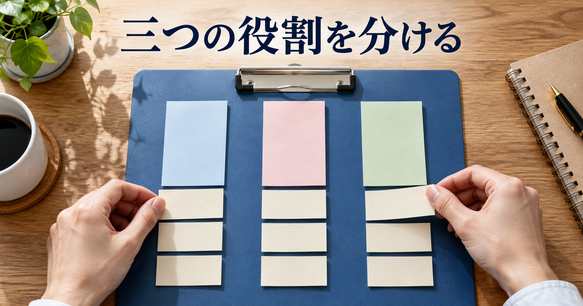 ボードとリストとカードの役割を紙の大小で表すAI概念イメージ