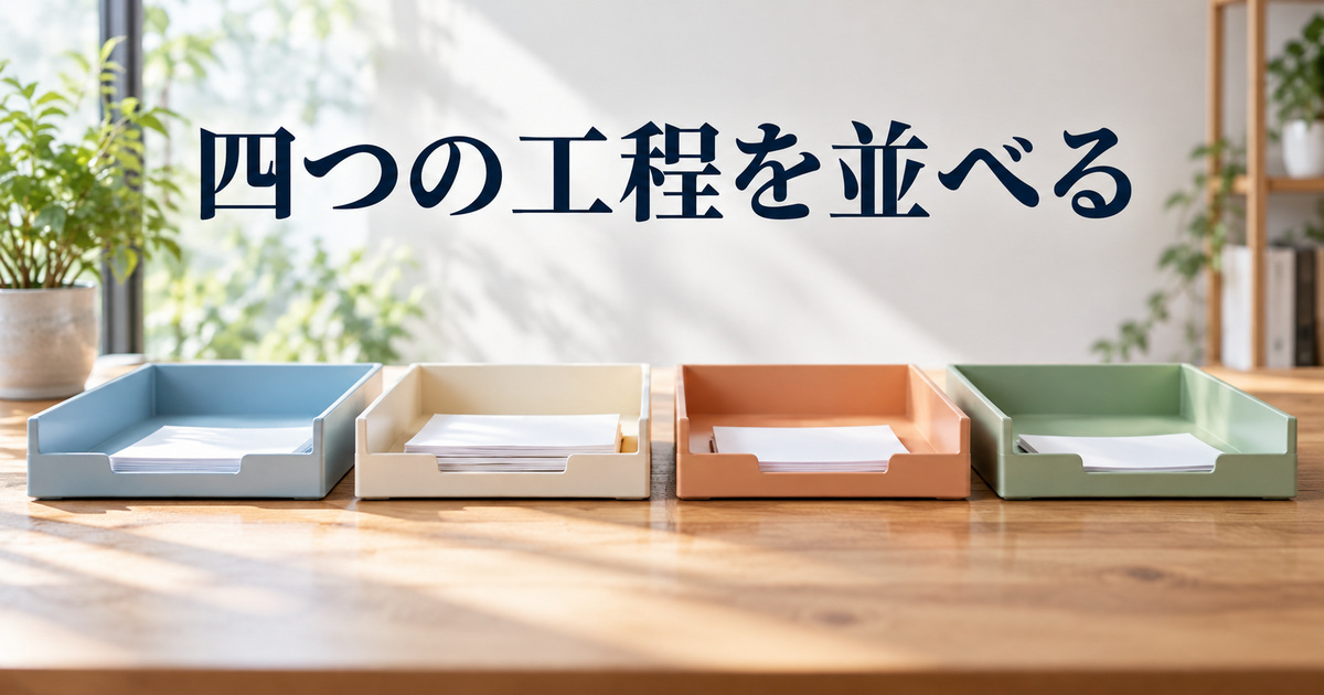 四つの工程を表す横並びのトレーのAI概念イメージ