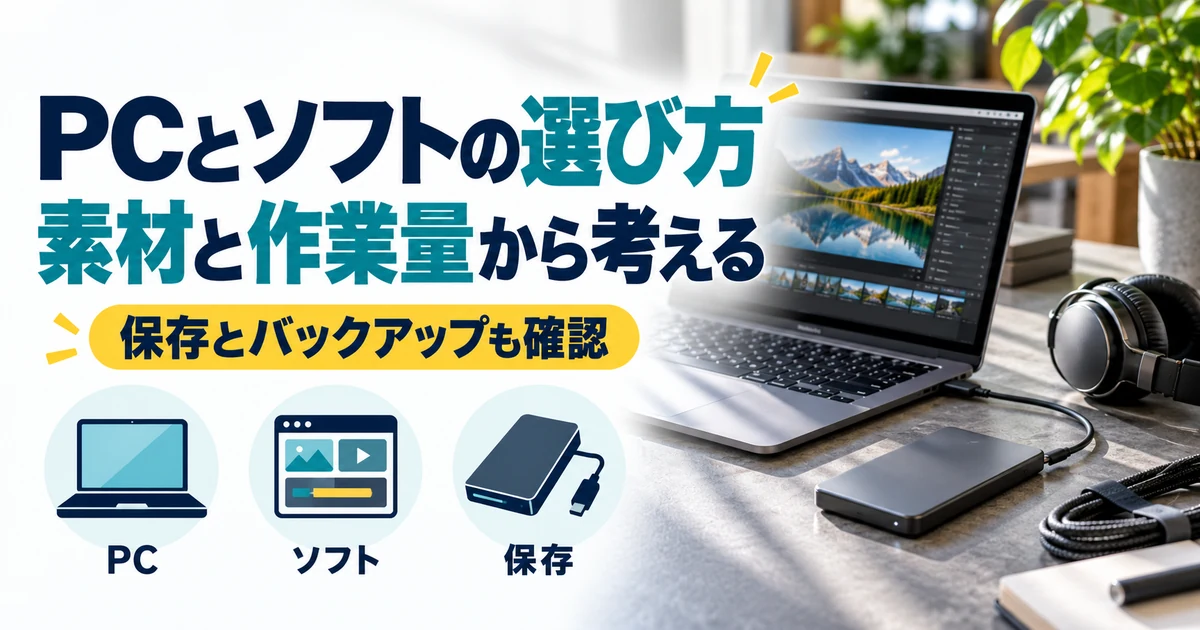 動画編集の副業:PCとソフトの選び方、素材と作業量から考える。PC・ソフト・保存を図解