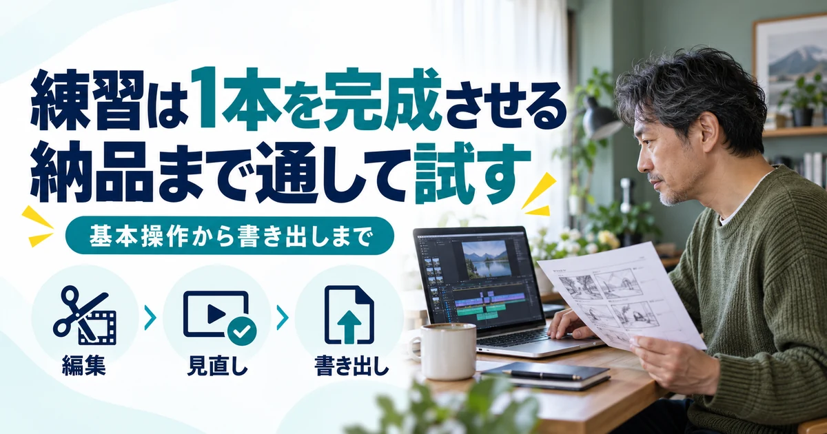 動画編集の副業:練習は1本を完成させる、納品まで通して試す。編集・見直し・書き出しを図解