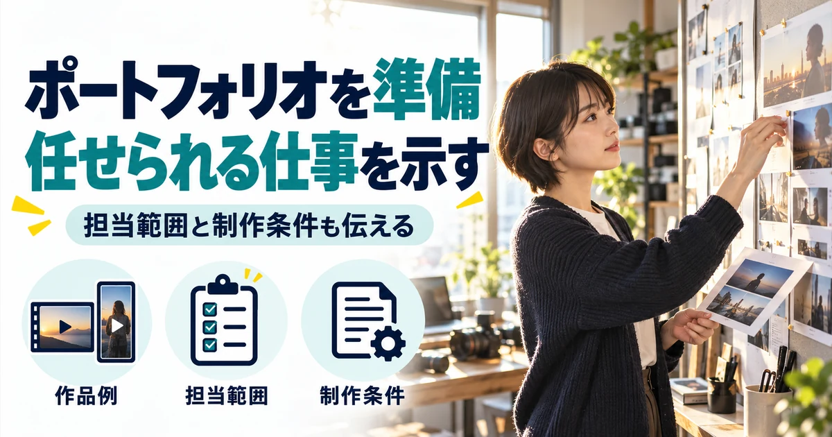 動画編集の副業:ポートフォリオを準備、任せられる仕事を示す。作品例・担当範囲・制作条件を図解