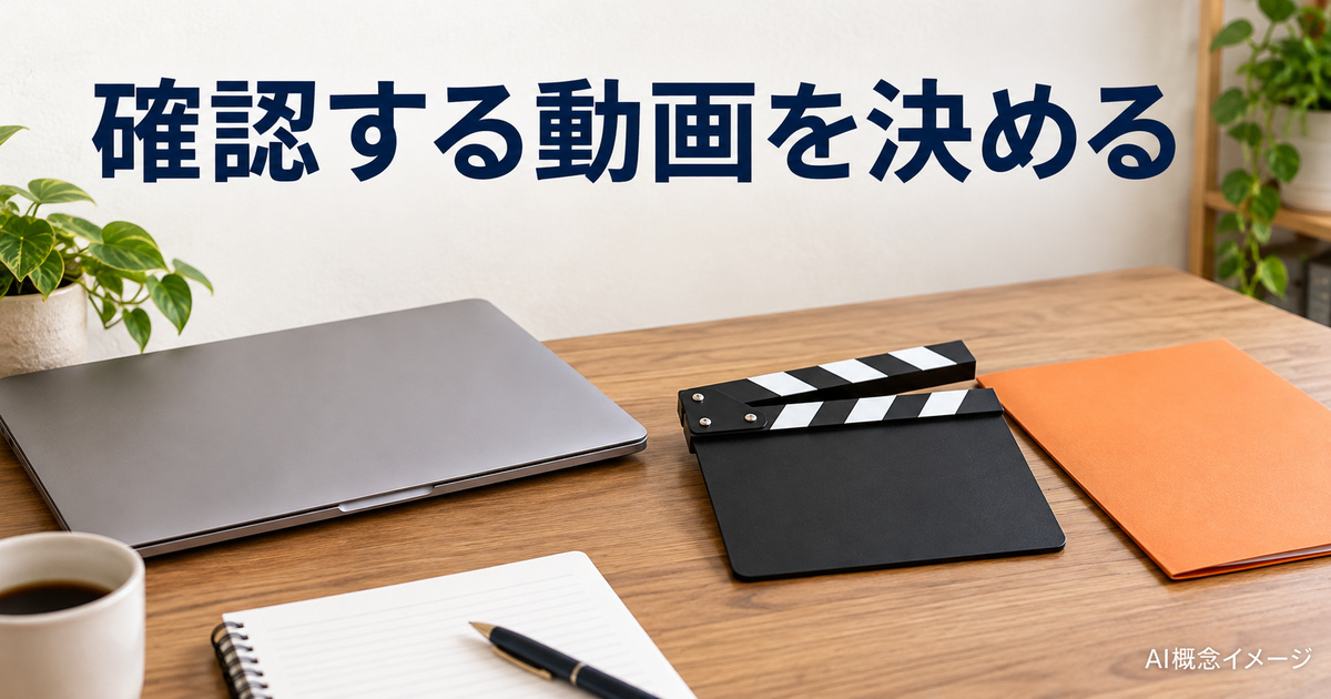 確認する動画を選ぶフォルダーとカチンコのAI概念イメージ
