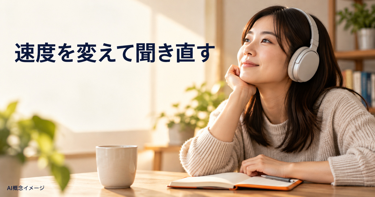 再生速度を変えて説明を聞き直す人のAI概念イメージ