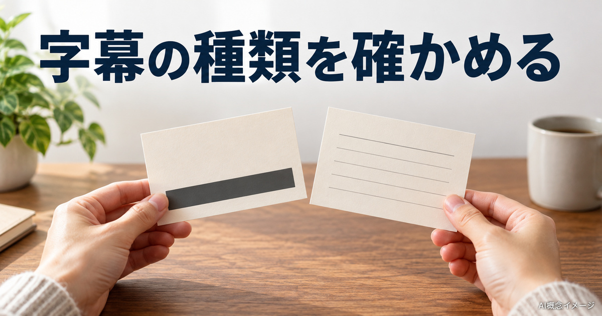 字幕の種類を区別する二枚の紙カードのAI概念イメージ