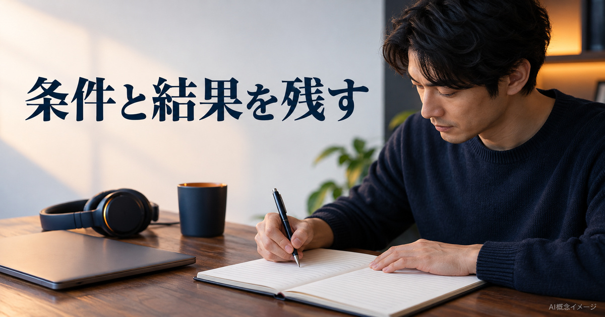 再生の条件と結果をノートへ残す人のAI概念イメージ