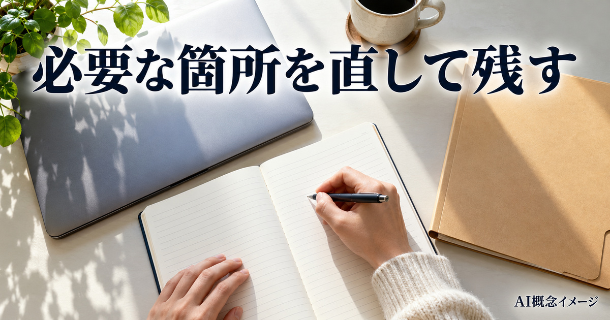 修正した文章を残すためノートを確認するAI概念イメージ