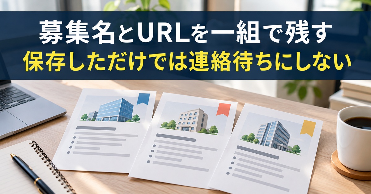 募集資料の識別情報と保存を確認する写真調概念イメージ。「募集名とURLを一組で残す/保存しただけでは連絡待ちにしない」の説明文字付き