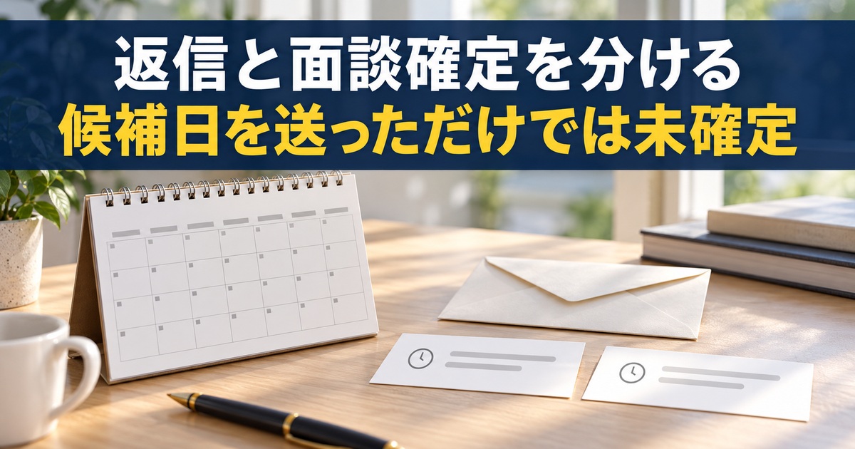 返信の封筒と未確定の候補日カードを分ける写真調概念イメージ。「返信と面談確定を分ける/候補日を送っただけでは未確定」の説明文字付き