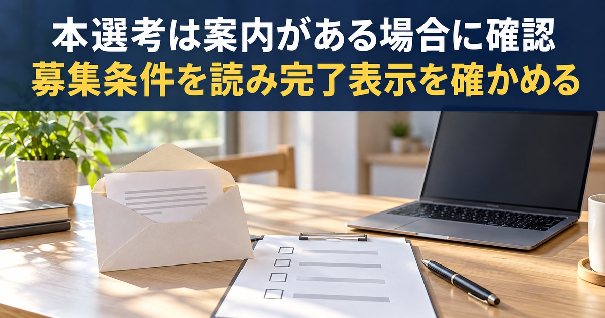 本選考案内の封筒と確認欄を照合する写真調概念イメージ。「本選考は案内がある場合に確認/募集条件を読み完了表示を確かめる」の説明文字付き