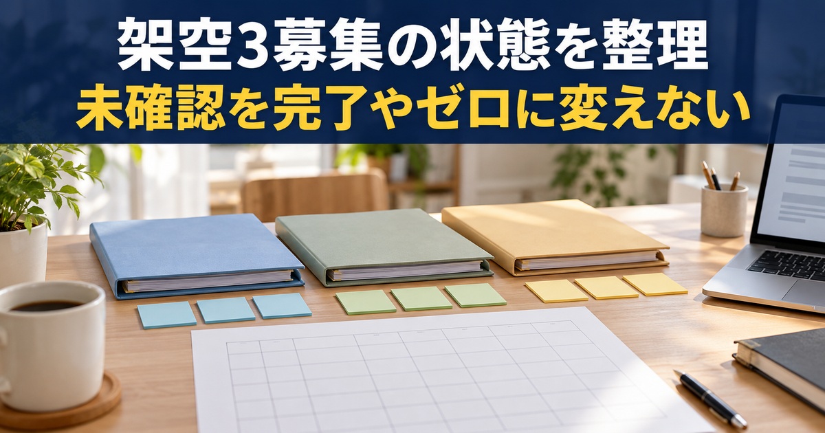 架空三募集のフォルダーと未確認欄を整理する写真調概念イメージ。「架空3募集の状態を整理/未確認を完了やゼロに変えない」の説明文字付き