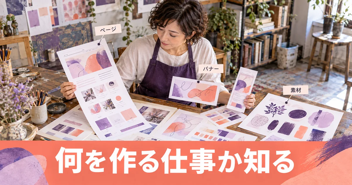 バナー・ページ・素材の作例を机上で見比べる女性