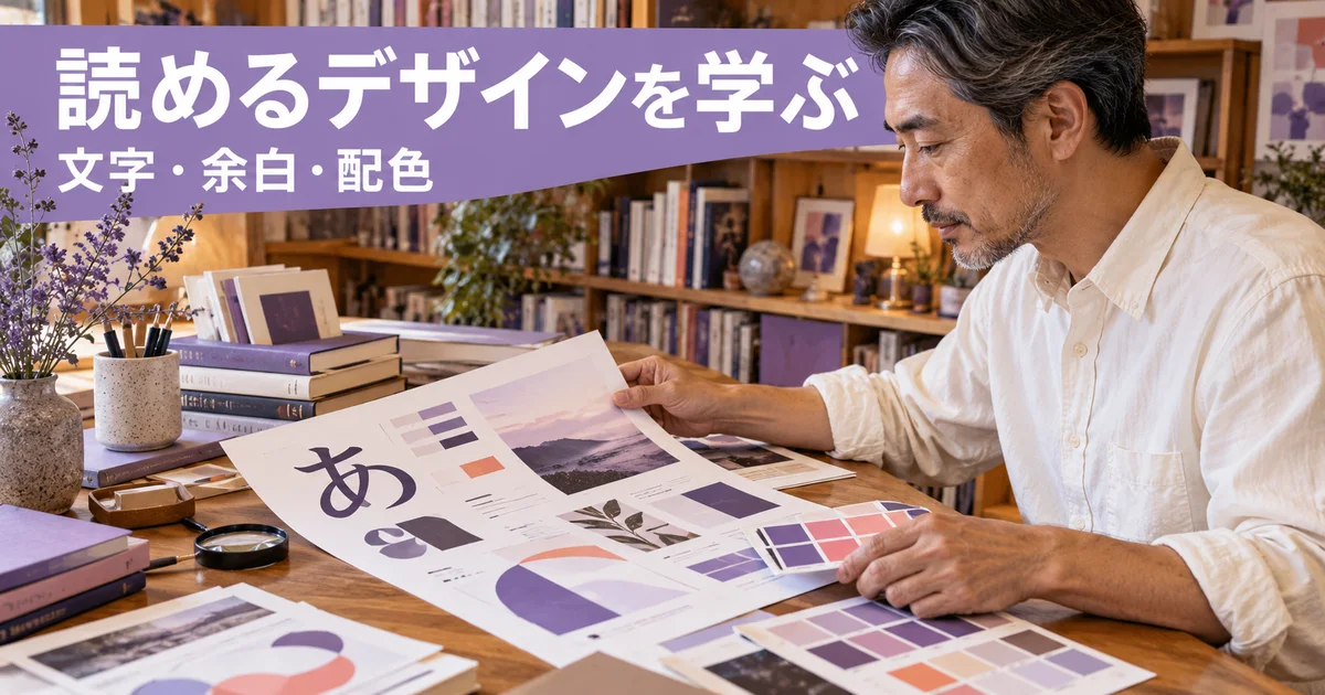 文字の見本と配色カードで読みやすさを確認する男性