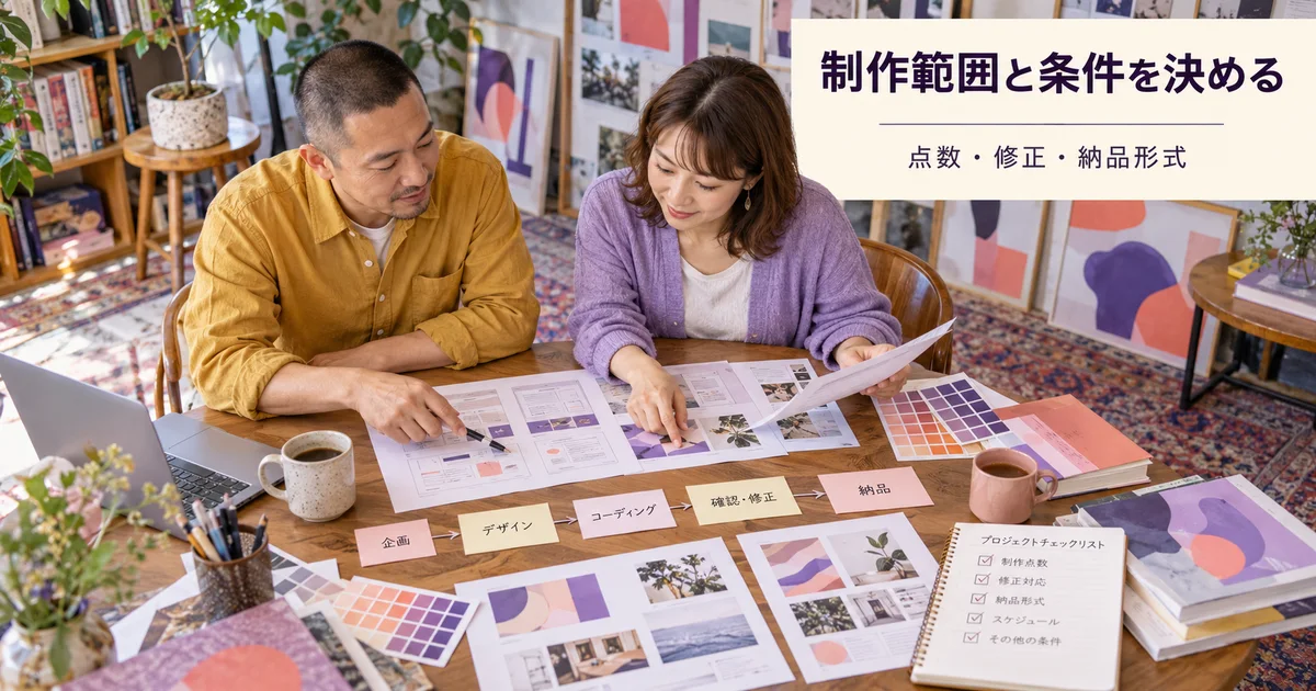 創作スペースで点数・修正・納品形式を相談する二人の成人