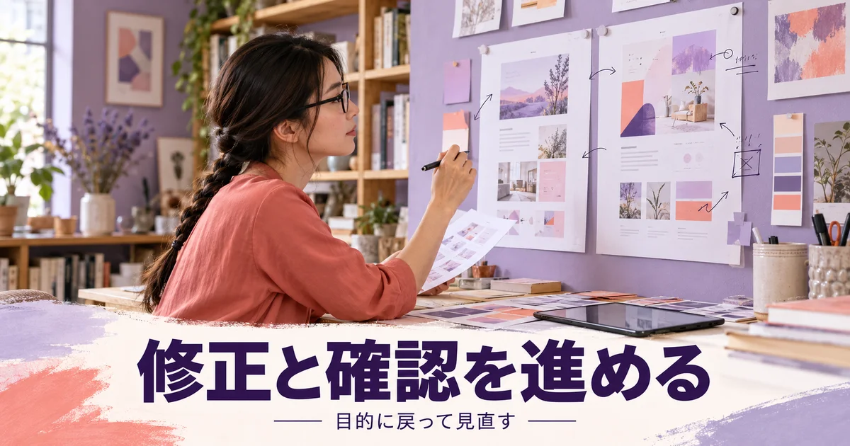 二つのデザイン案を見比べながら修正点を確認する女性