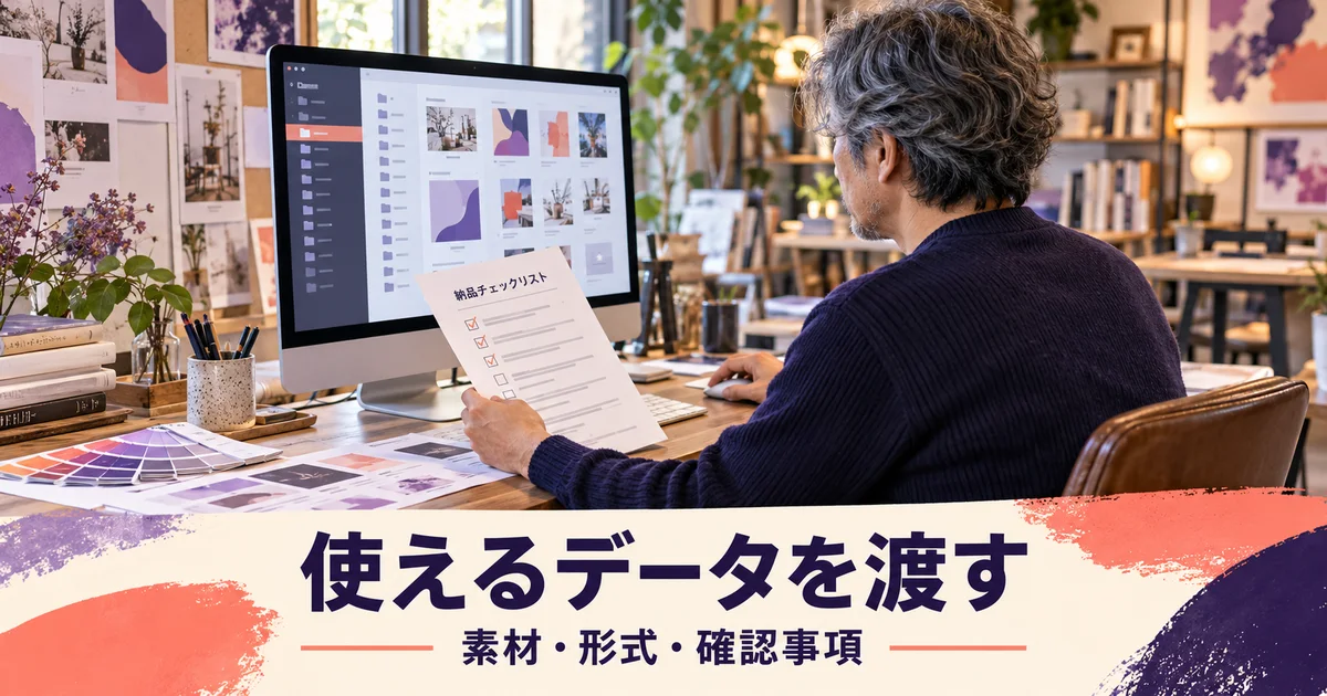デザインのファイル一覧と納品チェックリストを照合する男性