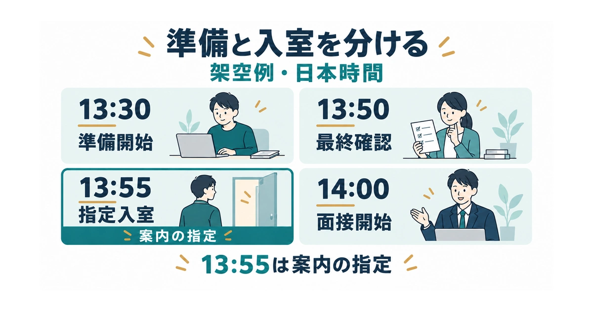 14時開始の架空面接で13時30分に準備、13時50分に確認、指定の13時55分に入室する時刻例