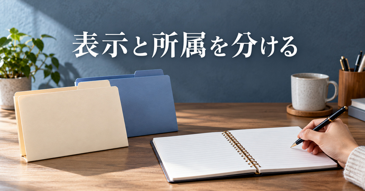 一覧の表示と作業領域への所属を分けて考えるAI概念イメージ