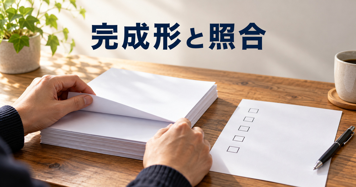 白い文書と空欄の確認用紙を並べて完成形を照合する概念イメージ