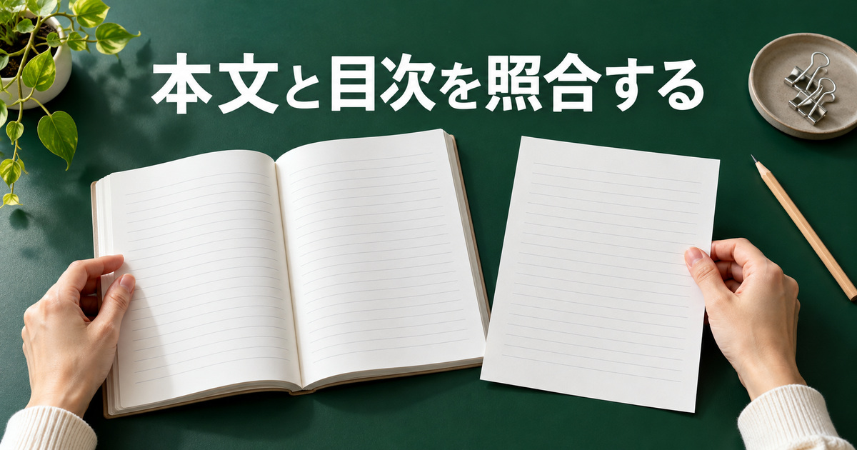 本文の冊子と目次用の紙を見比べる写真イメージ