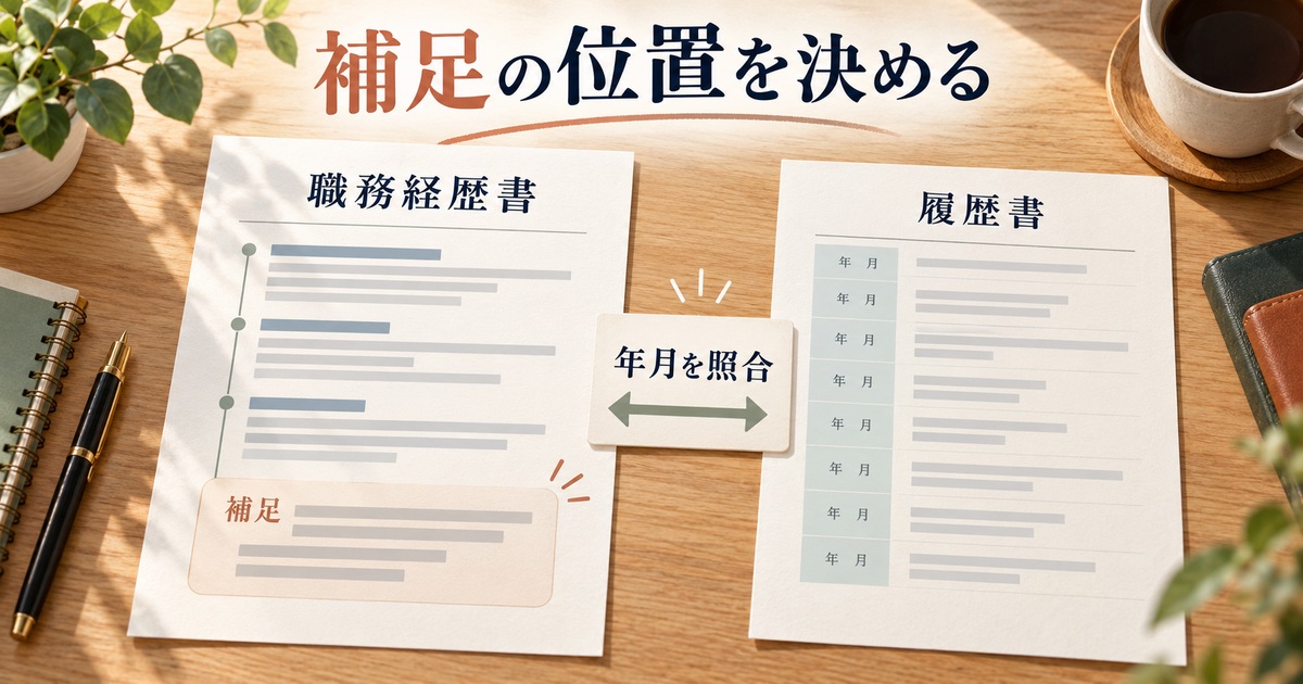 職務経歴書に補足を置き、履歴書の年月と照合することを示した書類の図