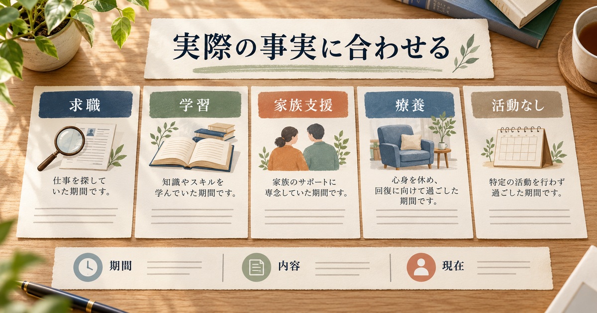 求職、学習、家族支援、療養、活動なしの五つのケースを期間・内容・現在に分ける図