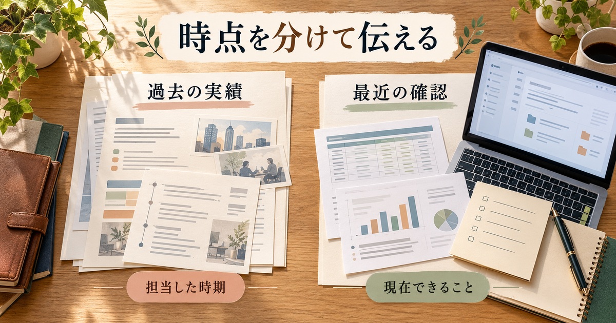 過去の実績を担当した時期と、最近確かめた現在できることを別の資料として示す図